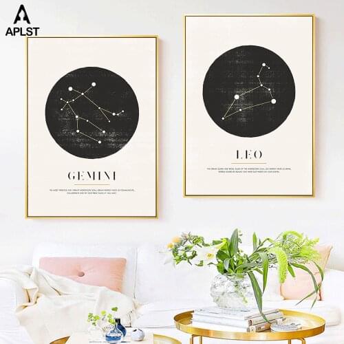 Black & White Constellation Poster Astrology Sign Prints Zodiac Painting Wall Art Geometric Diagram Picture Nursery Kids Decor