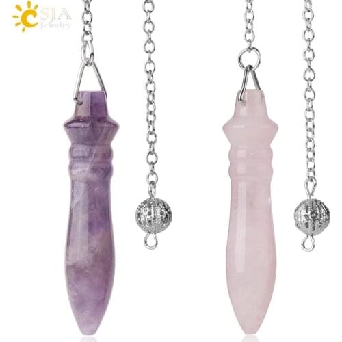 CSJA Natural Stone Pendulum for Dowsing Cone Pink Quartz Lapis Purple Crystal Reiki Stone Amulet Pendule Divination Jewelry G308