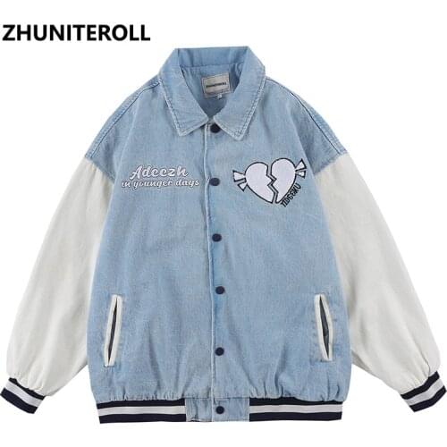 Broken Heart Towel Embroidery Denim Jackets 2021 Hip Hop Patchwork Bomber Baseball Coats Streetwear Harajuku Fashion Casual Tops