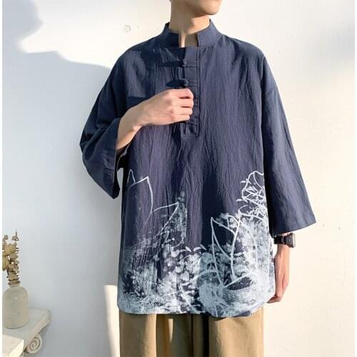 Summer Chinese Style Linen Short Sleeve Oversized Print T-Shirt Men Hip Hop Fashions Tee Streetwear Harajuku T Shirt Male 30293