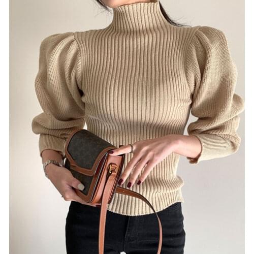 Korean Chic Half High Collar Puff Sleeve Knitted Pullovers Women Simple Solid Slim Elegant Sweaters Women Warm Elastic Sueter