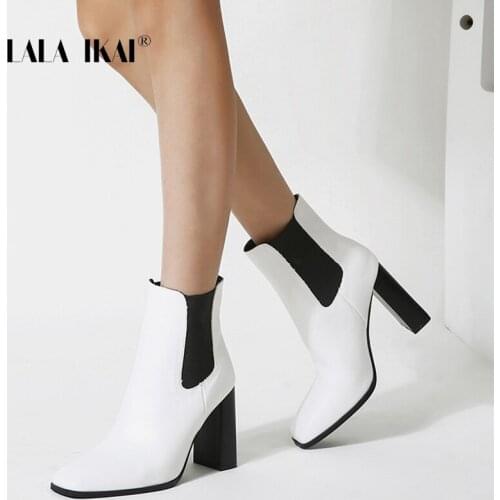 LALA IKAI Women Boots Autumn Winter 2020 Square Head Ankle Boots High heels Short Booties Shoes Female Zapatos de mujer C10577-3