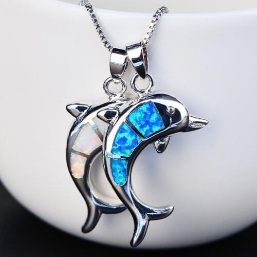 Liemjee Wholesale Cute Inlaid Opal Dolphin Necklace Popular Personality Jewelry For Women Feature Namour Charm Gift All Seasons