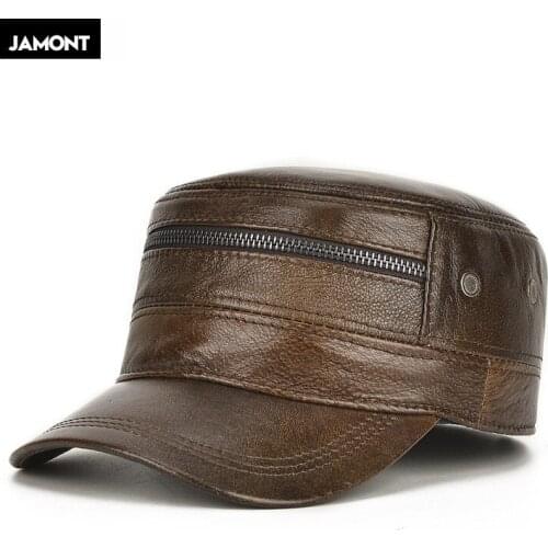 JAMONT Genuine Leather Hat With Ears Autumn Winter Men Cowhide Military Hats Adjustable Size Flat Cap Male Bone Snapback Cap