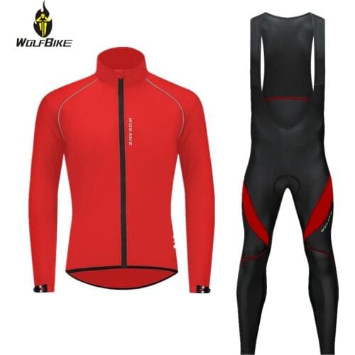 WOLFBIKE Autumn Cycling Set Thin Windbreaker Bib Pants Long Trousers Kit Windproof Reflective MTB Bike Jersey Jacket Suit Spring