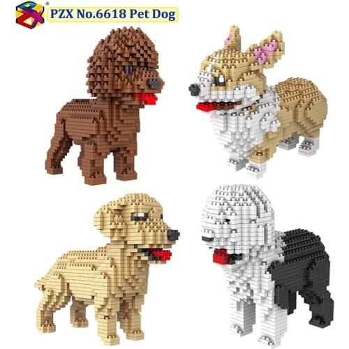 PZX Atomic Building Blocks Model Set Pet Dog Micro Mini Blocks Puppy Schnauzer Dachshund Husky Border Collie Diamond Bricks Toys
