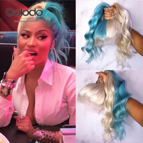 Half Blue Half Pink Lace Front Human Hair Wigs with Baby Hair Pre Plucked Ombre Lace Front Wig Transparent Lace Wigs COLODO
