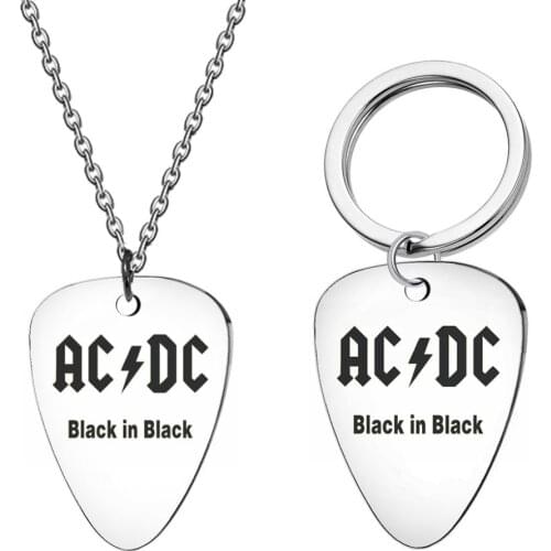 Stainless Steel AC DC Dial Necklace Rock Band Key Keys Guitar Titanium Steel Mens Punk Instrument Guitar Pick Keychain Jewelry