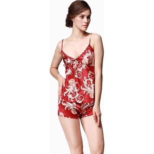 Ladies Sexy Silk Satin Pajama Set V-neck Lace Sleeveless Sleepdres+ Shorts Pijama Set homewear Summer Print Sleepwear For Women