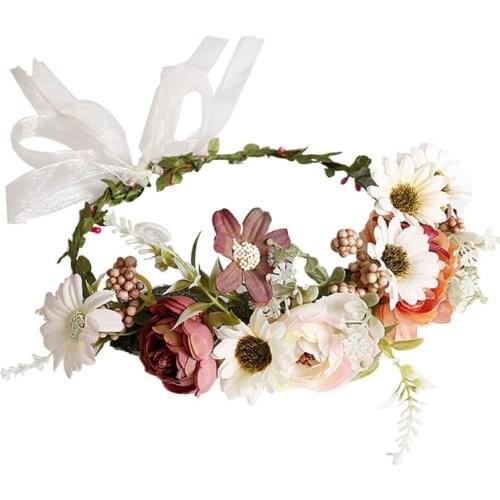 U90E Boho Wedding Bridal Daisy Flower Wreath Headband Multicolor Artificial Chrysanthemum Crown Garland Bridesmaid Beach Party