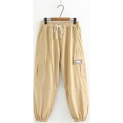 Plus Size Beige Black XL-4XL Womens Cargo Pants Elastic Waist Slim Long Trousers