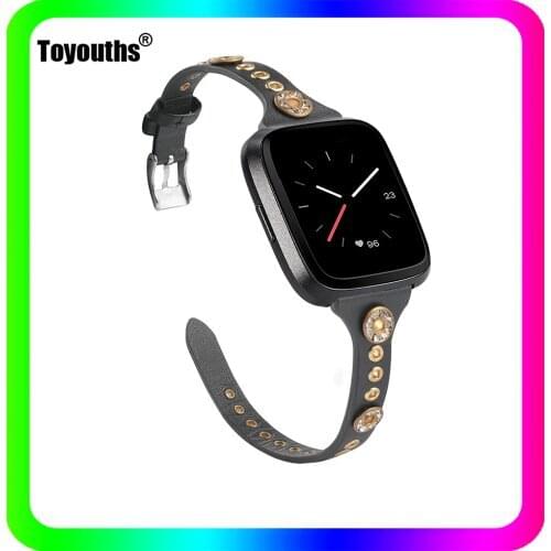 Toyouths Watchband for Fitbit Versa Genuine Leather Watch Wristband Stainless Steel Clasp Wrist Strap Bands for Fitbit Versa 2
