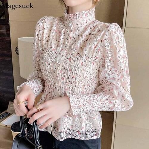 2021 Autumn Vintage Pleated Lace Blouse Women Floral Printed Causal Slim Shirt Long Sleeve Stand Collar Blouse blusas 16333