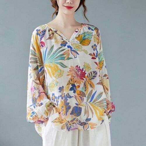 Women Cotton Linen Casual T-shirts New Arrival 2021 Autumn Vintage Style V-neck Print Loose Female Long Sleeve Tops Tees B955