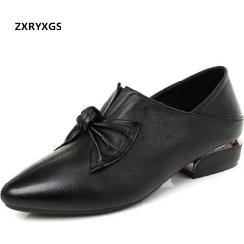 2019 Autumn Pointed Genuine Leather Shoesshoes Female Low Heel Shoes Fashion Elegant Bow Casual Shoes Womens Shoes Large Size