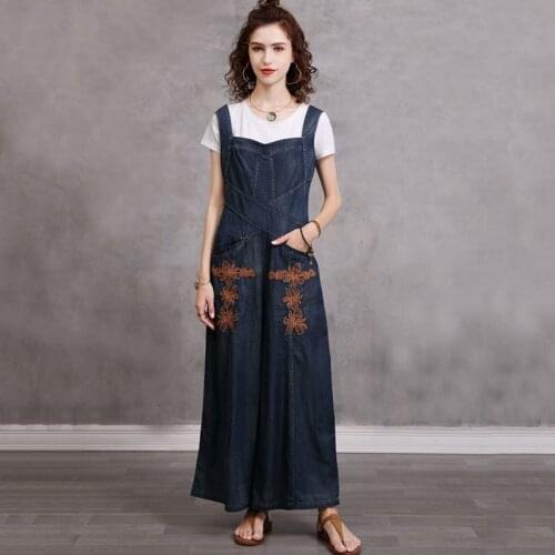 SeeBeautiful Embroidery Loose Denim Jumpsuits Straps Sleeveless Back Zipper Thin New Fashion 2021 Summer Women E852