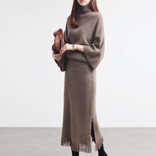 Winter Knitted 2 Pieces Set Women Turtleneck Pullovers Sweater Tops + Tassel Knitted Bodycon Skirts Office Lady 2PCS Suits Sets