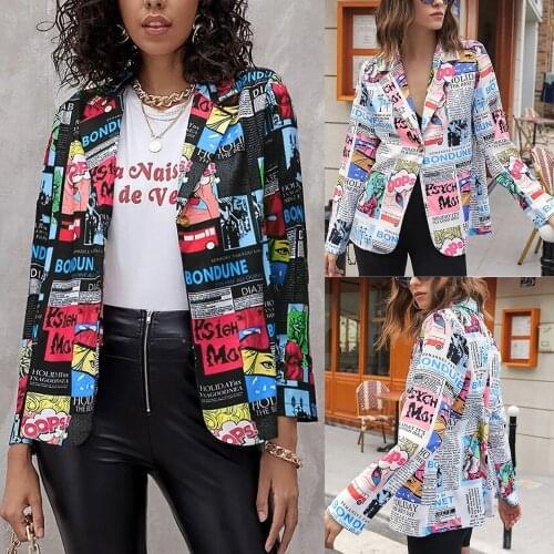 Slim Blazer Women 2021 Office Ladies Casual Graffiti Print Single Button Long Sleeve Small Blazer Bleizer Femenino Elegante