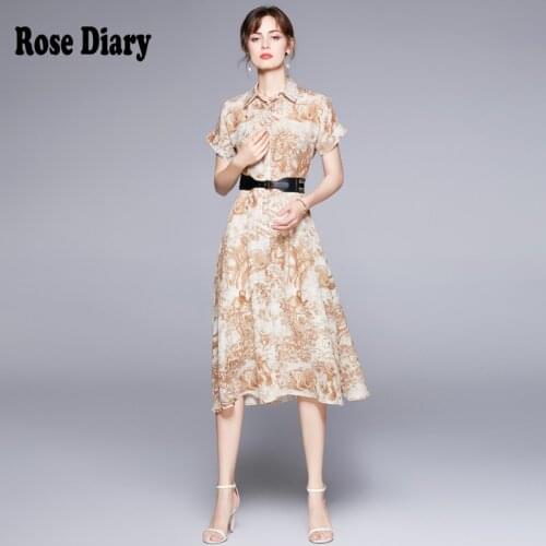 RoseDiary Women Summer Long Dresses Style Print Split Hem Belted Short Sleeve School Casual dress with floral pattern Midi Dress