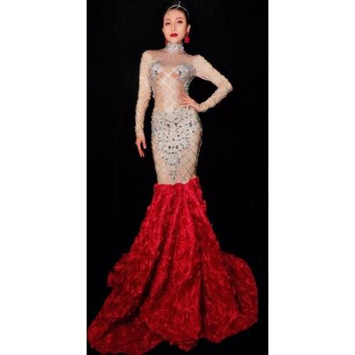 2020 Silver Crystals Dress Red Flower Long Train Women Evening Costume Prom Celebrate Big Tail Dresses Women Party Wear Dress