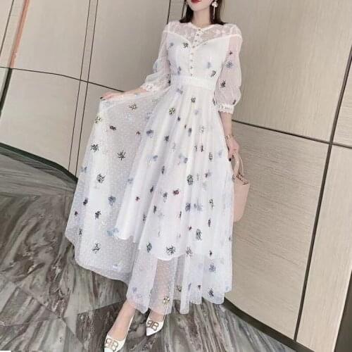 IVY HE Vintage Elegant Summer Mesh Sheer Bee Embroidery A Line Dress Women Summer Casual Midi Long Dresses Za White Elbise Traf