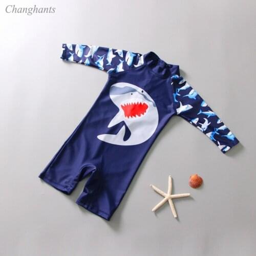 1-6 Y Boys One Piece Swimsuit Dark Blue with Shark Pattern Baby Sunny Swimwear Sandy Beach Wear Child Bathing Suit Rash Guards