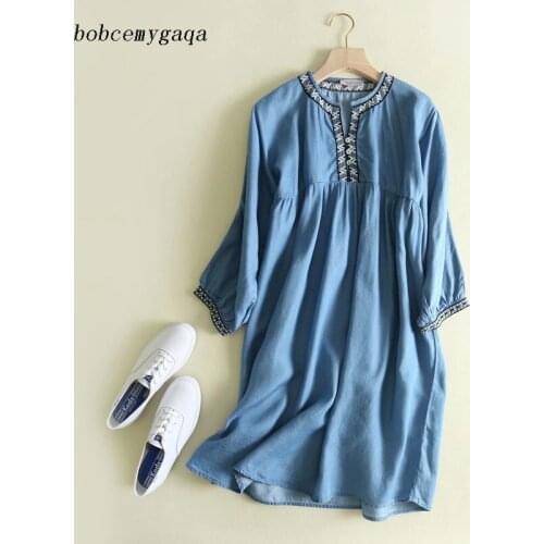Embroidery denim dress knee length high waist spring pleated Jeans shirt dresses long lantern sleeves casual light blue dress