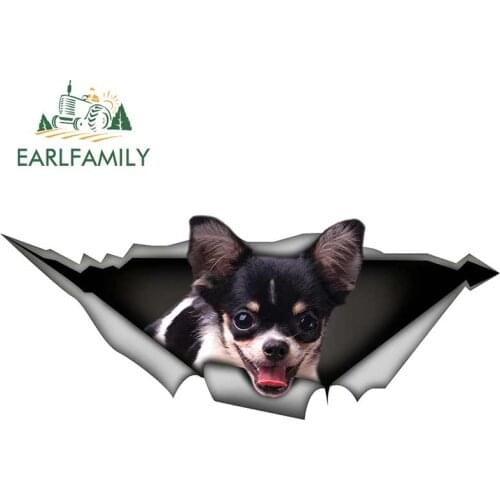 EARLFAMILY 13cm x 5.3cm Black and White Chihuahua Car Sticker Torn Metal Decal Reflective Vinyl Stickers Personality Car Decor