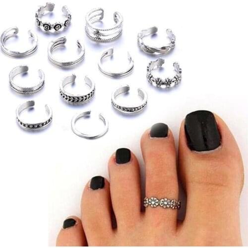12pcs/set Unique Flowers Toe Ring Gothic Punk Sliver Color Seaside Beach Toe Knuckle Rings For Women Foot Jewelry Accessories