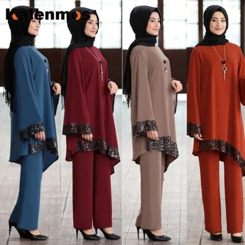 Ramadan 2 Piece Set Muslim Women Turkey Abaya Blouse Wide Leg Pants Kaftan Eid Suits Islamic Clothes Djellaba Musulman ensembles