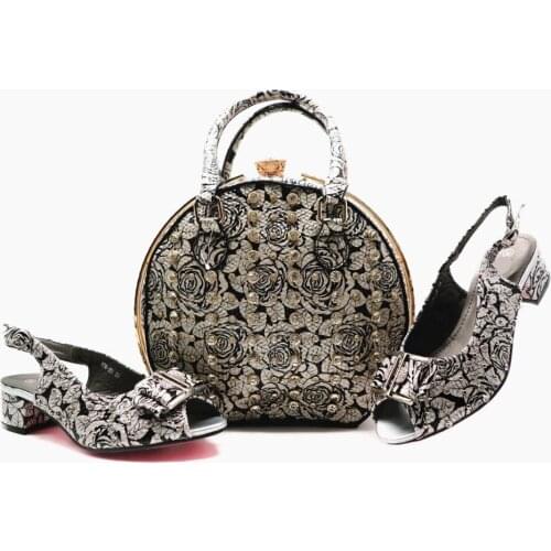 Beautiful silver rose design women Med shoes with big crystal african shoes match a big handbag set for dress X14-4,heel 4.5CM