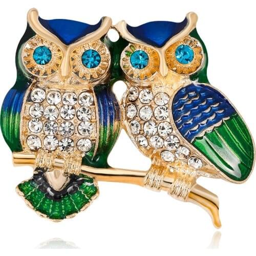 Fashion Gold Color Plated Double Owl Brooch Pins Crystal Animal brooches women girls Clothing jewelry Accessories AL216