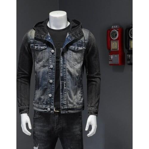 Spring/Autumn High Quality Patchwork Denim Jackets Mens Streetwear Jean Jacket Cowboy Hooded Coat Fashion Men Clothing M-5XL