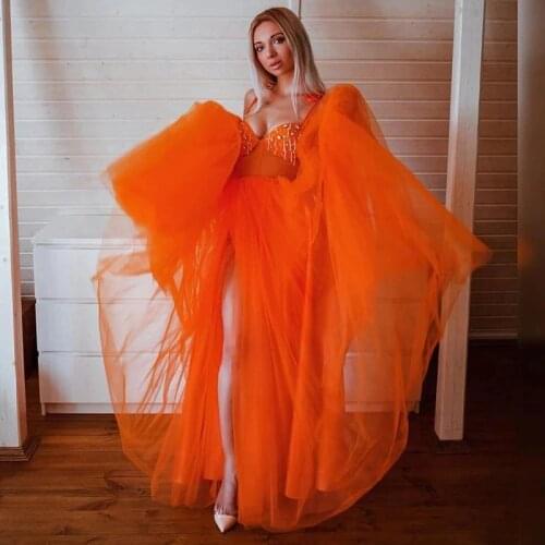 Sexy High Split Long Tulle Women Dresses To Birthday Event Party Crystal Beaded A-line Mesh Prom Gowns Summer Dress