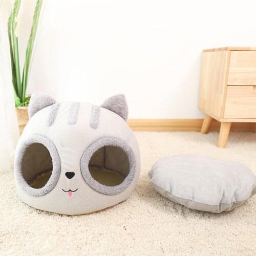 Removable Cat Bed Warm Pet Cat House Cave Winter Kitten Dog Cushion Mat Cat Head Shaped Cats House Kennel Nest Indoor Winter