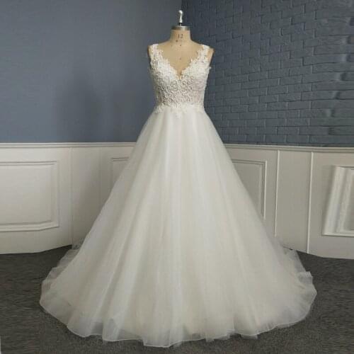 A Line Wedding Dress Real Picture Beading Lace Appliques Illusion Back Tulle Bridal Gowns