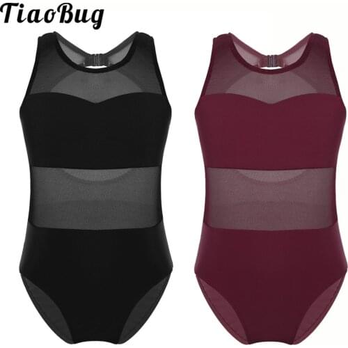 Girls Tank Top Leotard Kids Sleeveless Mesh Splice Cutout Back Gymnastics Ballet Dance Leotard