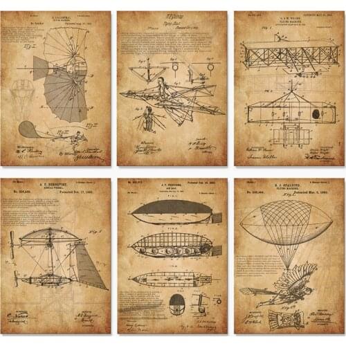 6 in 1 vintage flying machine airplane patent art prints wall decor unframed