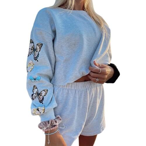 Women Two-piece Clothes Set Grey Butterfly Printed Pattern Pullover and Shorts with Pockets, S/ M/ L