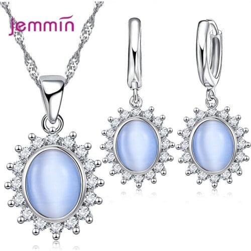 Geometric CZ Pendant Charm 925 Sterling Silver Wedding Jewelry Sets Women Pendant Necklace Hoop Earrings