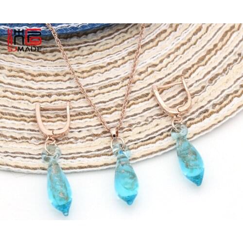SJMADE Korean 585 Rose Gold Water Drop Sands Coloured Glaze Earrings Jewelry Set 2019 New Fashion For Women Girl Fine Party Gift