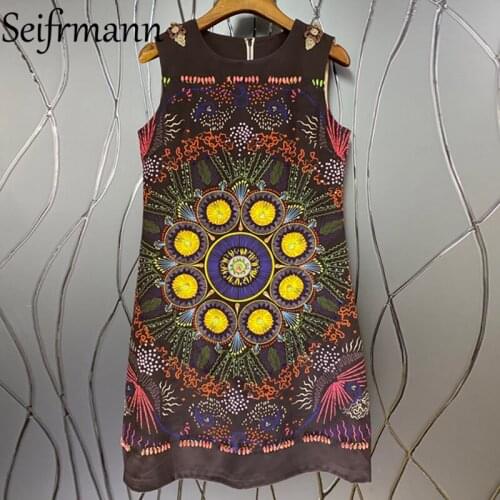Seifrmann New 2021 Summer Women Fashion Runway Party Mini Dress Sleeveless Gorgeous Embroidery Vintage Printed Ladies Dresses