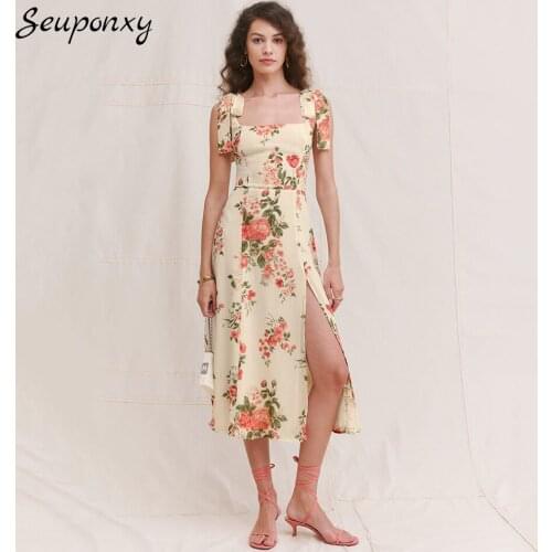 High Quality Retro Printed Bowknot Dress 2021 Summer Sexy Sleeveless Square Neck High Split Elegant WomenS Party Dress Vestidos