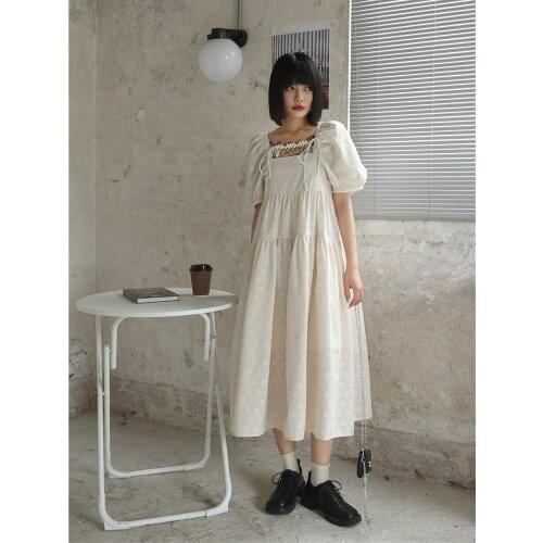 Backless Puff Sleeve Square Neck Beige Dress Elegant Summer Ball Gown Fashion Designer Loose Midi Dress Women