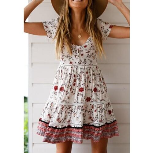 Happie Queens women floral print short sleeve beach sexy Bohemian mini dress Ladies v-neck cotton Boho sundress vestidos