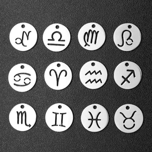 12pcs/lot Stainless Steel 12mm Round All Twelve Signs Zodiac Charms DIY for Making Jewelry Different Signs