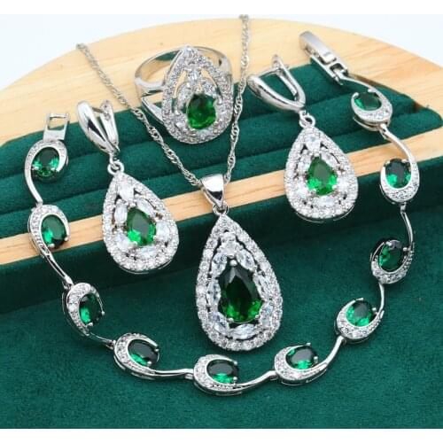 Wedding Green Black Zircon 925 Sterling Silver Jewelry Set for Women Bracelet Earrings Necklace Pendant Ring Birthday Gift 4PCS