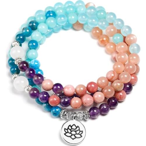 Apatite With Rhodochrosite Natural Stone Meditation Mala 108 Beads Handmade Yoga Bracelet Women Men Charm Jewelry