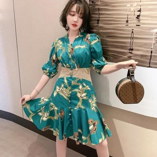Awarose Sexy V-neck Puff Sleeve Single-Breasted High Waist Ruffled Fashion Printed Dress for Women Slim Party Dresses Ladies