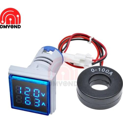 New 22MM Square LED Digital AC Voltage Ammeter 0A-100A 50V-500V Amp Volt Voltage Meter Voltammeter Indicator Pilot Lamp Light